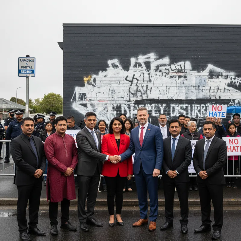 Politicians and community leaders gathered in Papatoetoe to protest racist graffiti attacks.