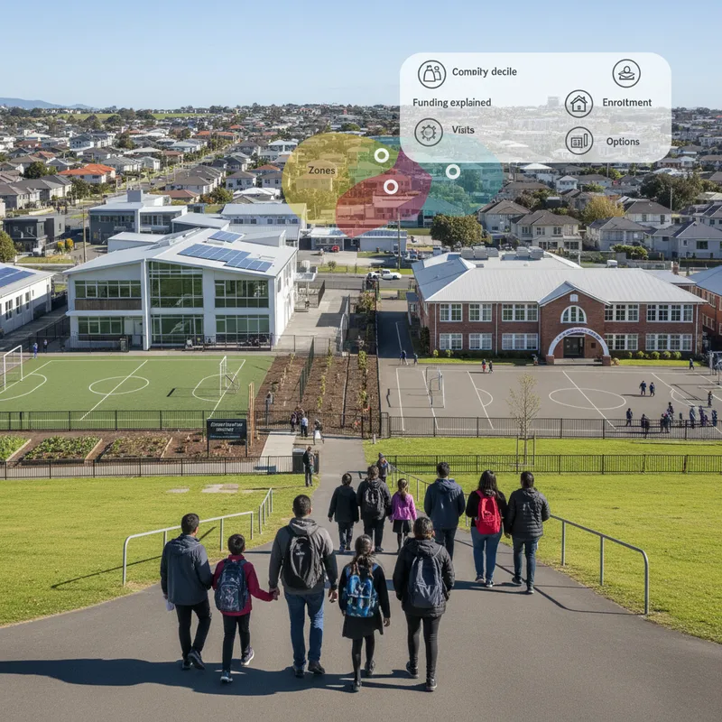 Students and the entrance of a modern school building in Papatoetoe or Ōtara.