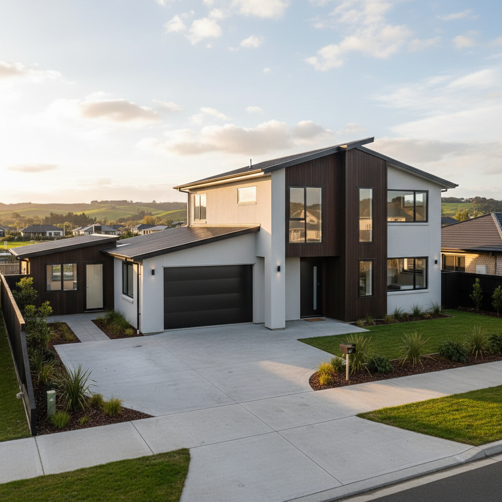 Wide establishing shot of a spacious, modern six-bedroom Papatoetoe home designed for multi-generational families.