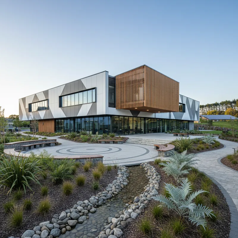 Modern building exterior with landscaped grounds, architectural photography, realistic setting, no people.