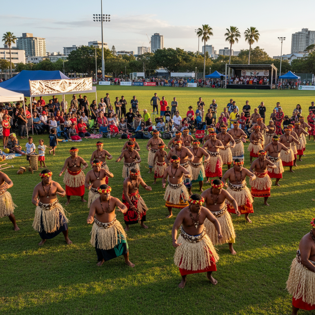 A dynamic action shot of the Tokelau Easter Festival with many people in a stadium setting.