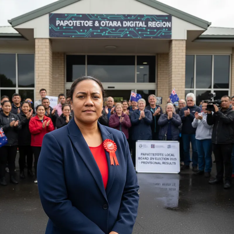 Vi Hausia stands at a podium in a realistic setting, likely a local government office.