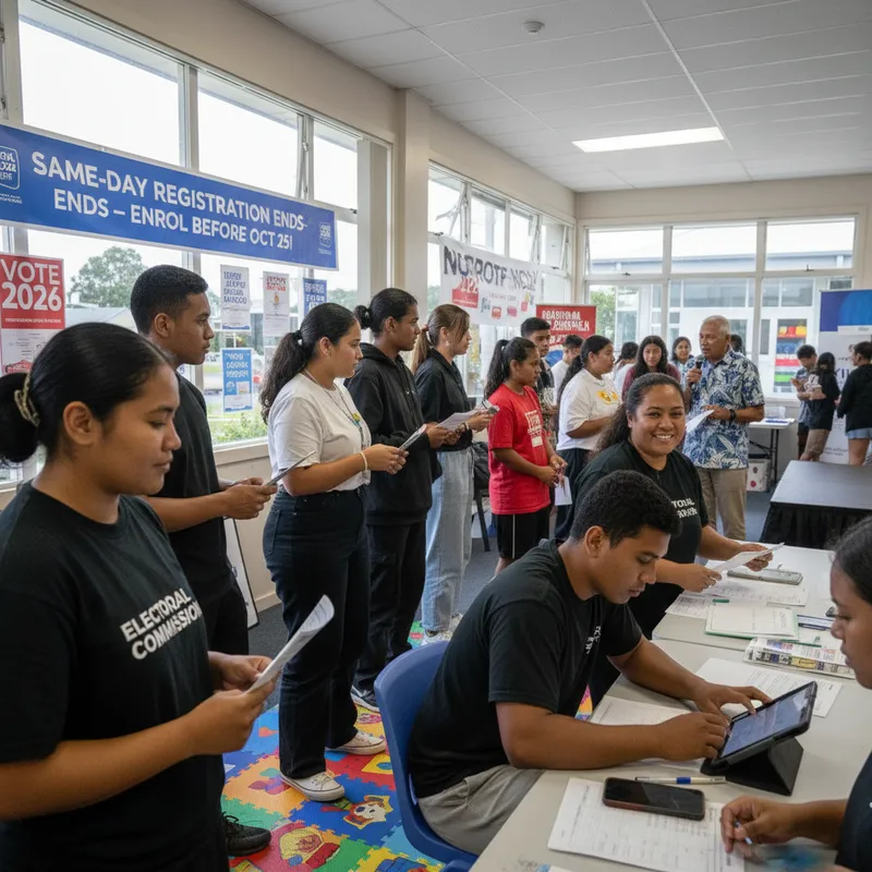 A diverse group of Pasifika and young voters in a realistic Papatoetoe setting urging enrolment.