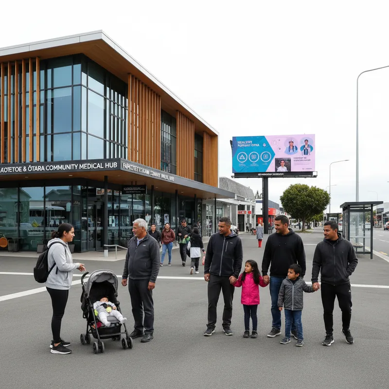 A diverse group of people are seen near a modern, welcoming medical centre in a suburban setting.